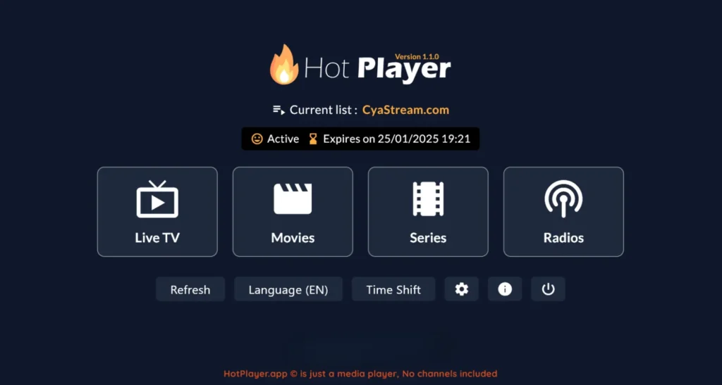 Hot Player best iptv player for windows interface